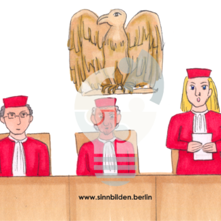 Verfassungsrichter sitzen beisammen in ihren roten Roben, eine Richterin steht und verkündet das Urteil. Im Hintergrund hängt eine Adlerfigur