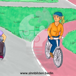 Eine Fußgängerzone mit Fahrradweg. Ein Rollstuhlfahrer trifft auf eine Fahrradfahrerin, sie sehen sich freundlich an.